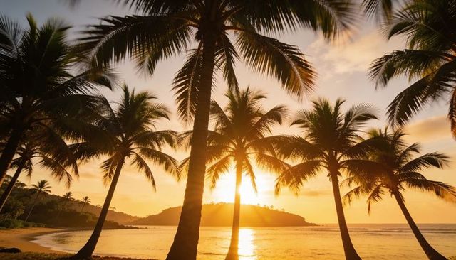 Sunset glowing through coconut palms on quiet tropical beach