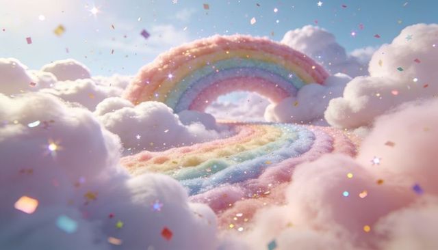 Pastel rainbow arch over cotton candy clouds with glitter confetti dreamscape and sparkling path