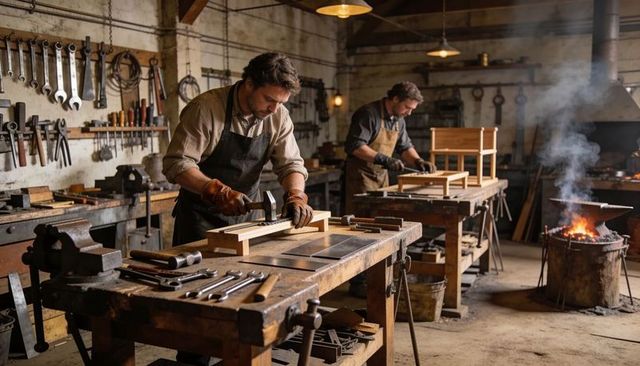 Artisan carpenter shaping wood at rustic workshop with lit forge and workbenches