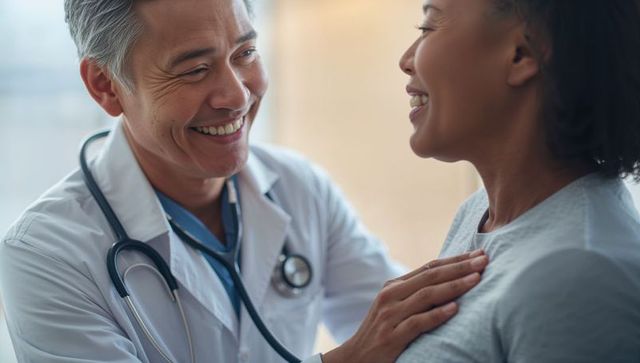Smiling doctor placing hand on female patient's chest while performing compassionate exam