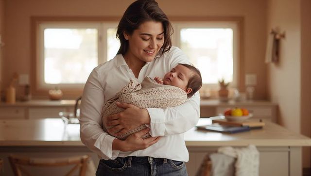 Smiling mother holding swaddled newborn at sunlit kitchen island, warm family moment