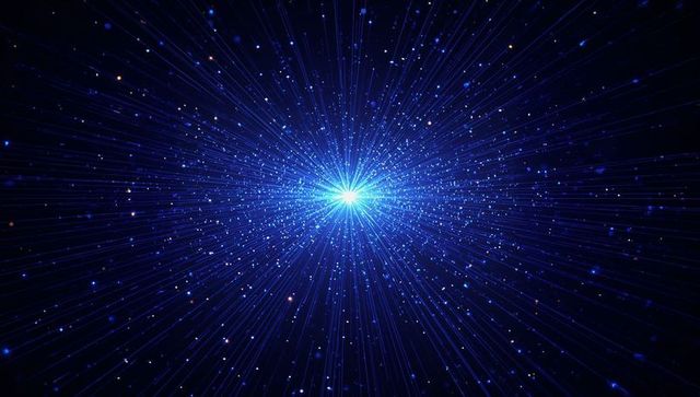 Radiating blue starburst core with radial light beams and sparkling particle halo