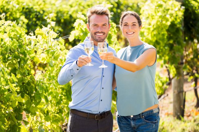 Young couple enjoying a sunny day in a vineyard, holding wineglasses and toasting. Perfect for use in advertisements for wine, vineyards, romantic getaways, lifestyle blogs, and travel brochures.