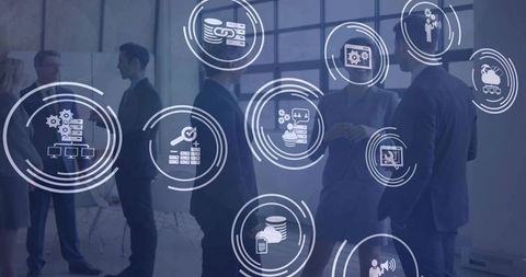 Business professionals networking in office with floating technology icons and UI overlays