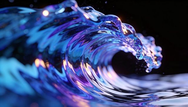 Curling iridescent liquid wave revealing translucent glass tunnel, reflective droplets, neon glow