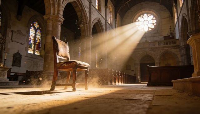 Sunlit worn wooden chair basking in dusty sunbeam from rose window in gothic cathedral