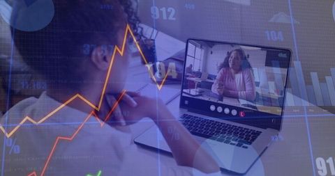 Remote Team Collaborating on Video Call with Data Charts and Analytics Overlay