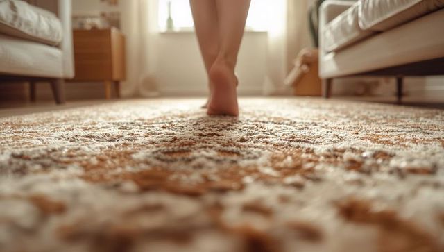 Barefoot adult walking across plush textured carpet between low beds in warm sunlit bedroom