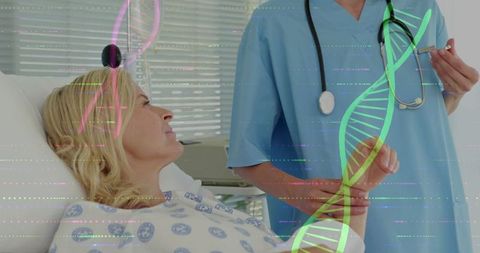 Woman Lying Hospital Bed with DNA Overlay Exemplifying Medical Innovation