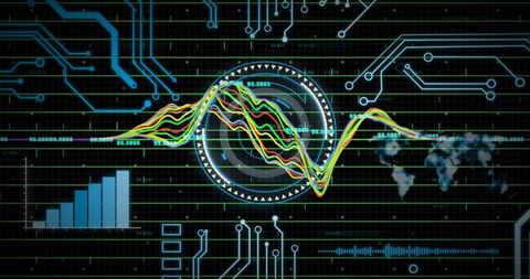 Futuristic digital interface with colorful waveforms and data visualization
