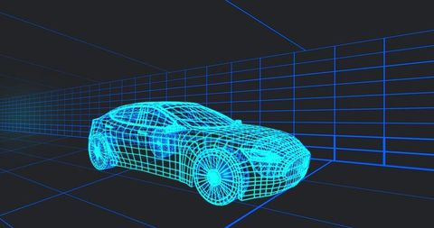 Neon Wireframe Sedan glowing in 3D Grid Corridor showing Polygon Mesh and Vanishing Point