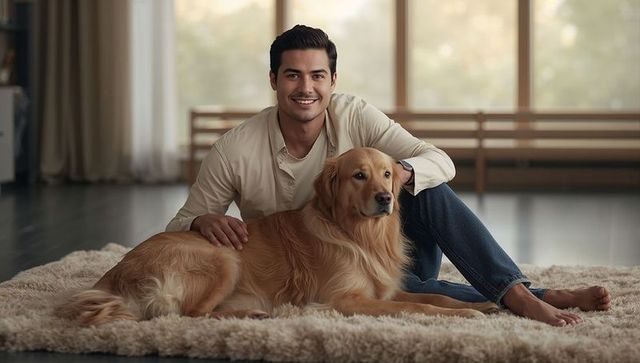 Man relaxing with golden retriever on plush rug in sunlit living room
