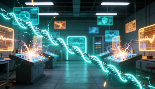 Neon braided power cable sparking across futuristic control lab with holographic displays