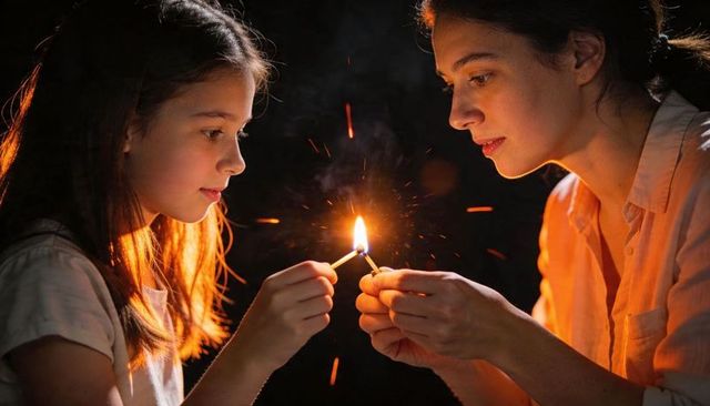 Mother and daughter lighting match in warm glow, intimate family bonding moment