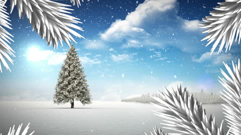 Animated Winter Landscape with Snow Falling on Tree