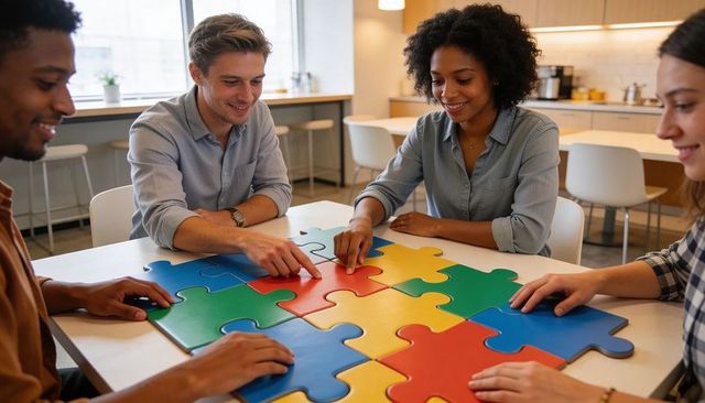 Collaborative Team Assembling Colorful Giant Puzzle in Bright Office Kitchen Team-Building