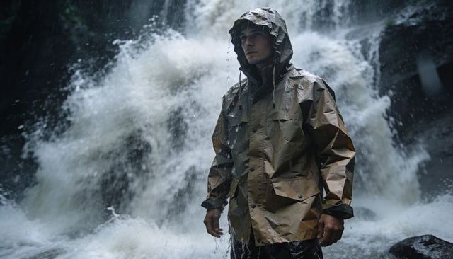 Solitary man wearing hooded waterproof jacket standing beside thunderous waterfall in rain