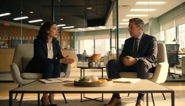 Executives negotiating in glass-walled office lounge discussing deal and strategic planning