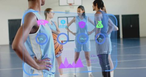 Women basketball team training with futuristic hud performance metrics overlay on court