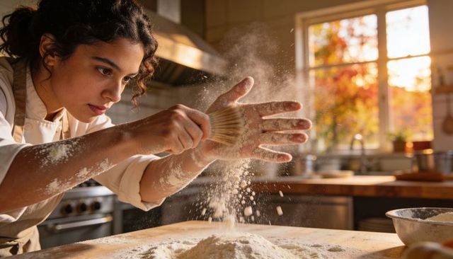 Pastry chef dusting dough with pastry brush in sunlit rustic kitchen, autumn baking