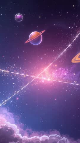 Glowing Ringed Planet Floating Through Neon Nebula with Crossing Light Trails, Vertical Clip