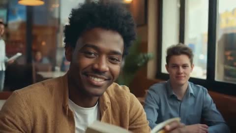 Smiling Friends Enjoy Cozy Cafe Conversation with Book