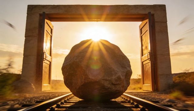 Sunset boulder blocking railroad tracks through stone portal with open wooden doors
