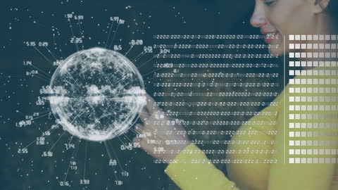 Businesswoman Using Smartphone with Digital Data Globe