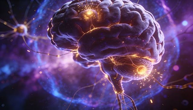 Floating brain showing glowing synapses and cosmic neural network filament connections