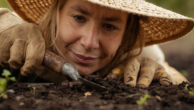 Woman Gardener Using Trowel in Garden Bed Nurturing Seedlings