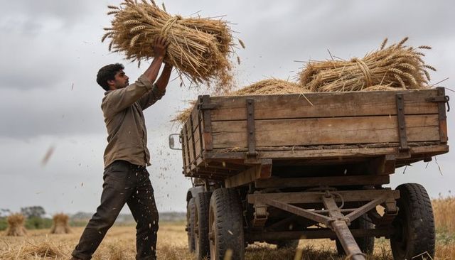 Indian farmer loading wheat bundles onto wooden cart during overcast harvest in rural field