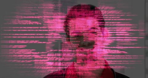 Futuristic software developer with code overlay