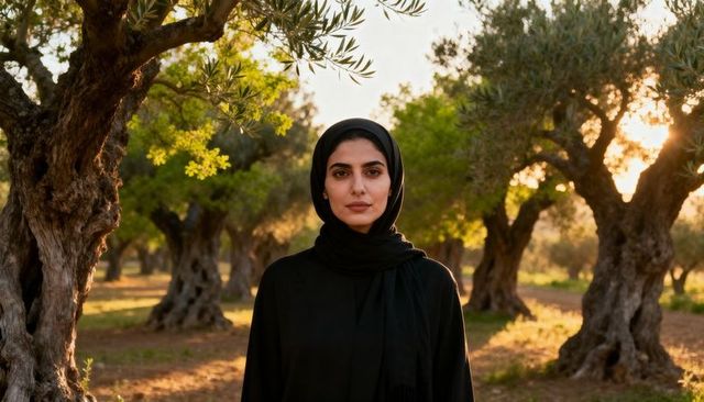 Woman in black hijab standing in sunlit olive grove at golden hour
