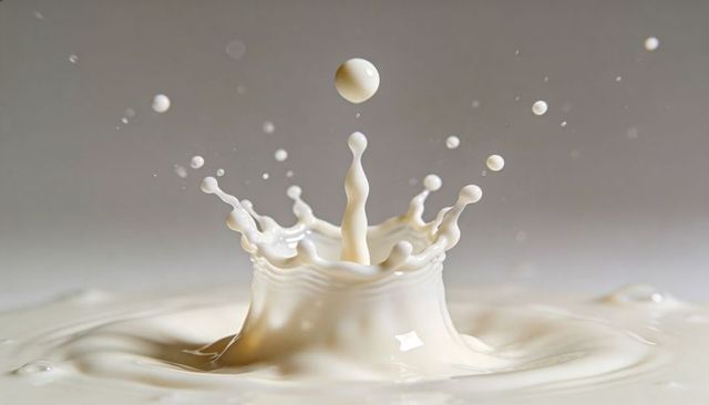 Central milk crown splash macro closeup with high-speed droplets and glossy ripples