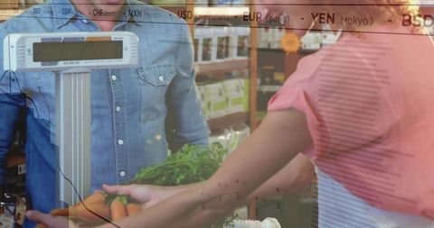 Weighing carrots at grocery counter with analytics overlay and collaborative checkout