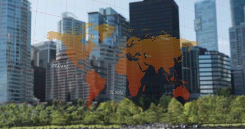 Global finance concepts with world map and skyscrapers