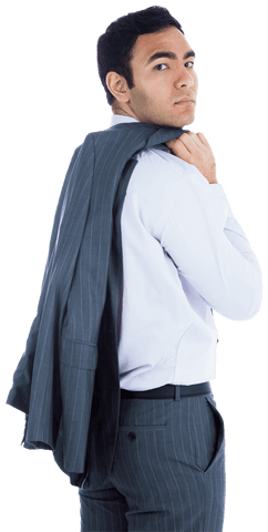 Transparent Asian Businessman Holding Suit Jacket Looking Back