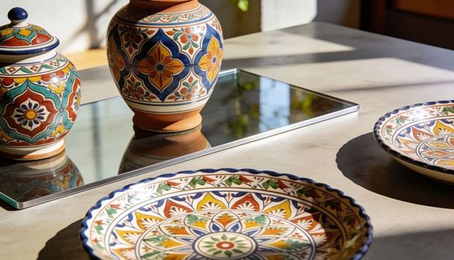 Sunlit talavera ceramics catching reflections on tabletop mirror tile with floral motifs