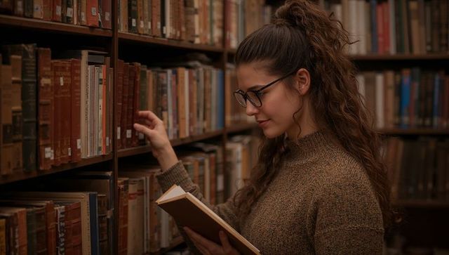 Woman browsing bookshelves in cozy library