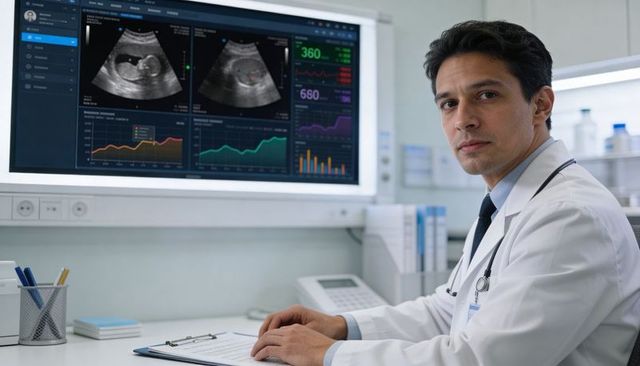 Doctor reviewing ultrasound results on monitor while recording notes with clipboard
