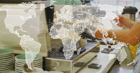 Barista Craftsmanship with World Map Overlay in Modern Cafe