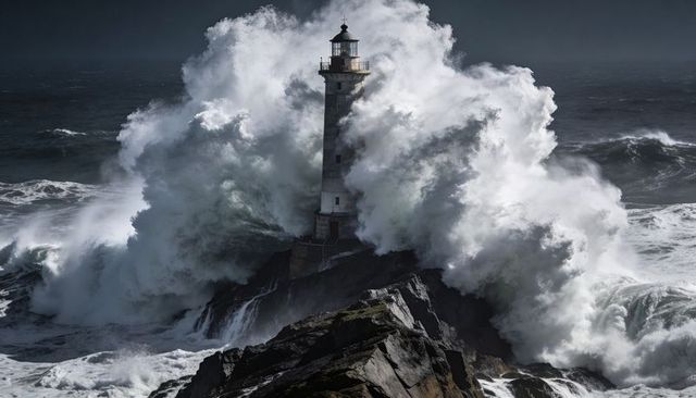 Lighthouse bracing colossal crashing waves on jagged coastal rocks during storm