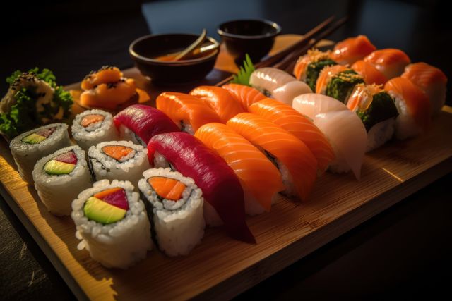 Close up of selection of sushi rolls on wooden tray, created using generative ai technology. Food, sushi and fresh japanese cuisine concept digitally generated image.