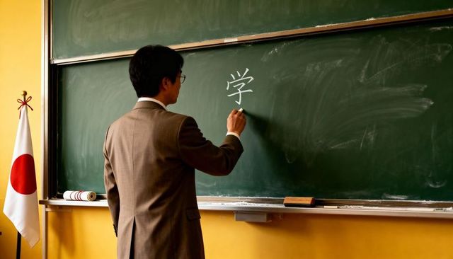 Japanese teacher writing kanji on green chalkboard in classroom, teaching language and culture