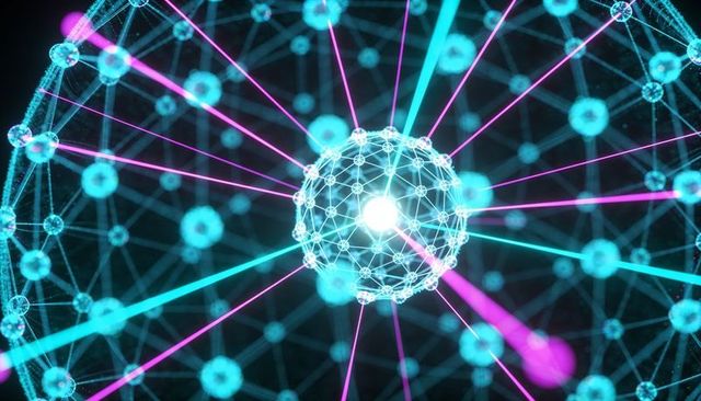 Radiating neural core with cyan nodes and magenta beams visualizing futuristic network