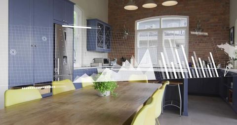 Displaying wooden dining table in modern kitchen with data overlay and yellow chairs