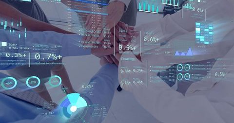 Business Team Collaborating Over Digital HUD Analytics Dashboards Metrics and Graphs