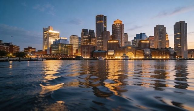Twilight harbor skyline glowing and reflecting on rippling water with ferries and bridge