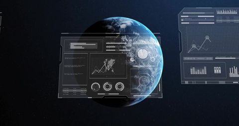 Earth rotating with futuristic holographic hud and global data visualization interface