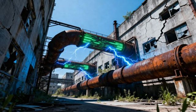 Rusted pipes emitting neon electric arcs and glowing green panels in derelict factory